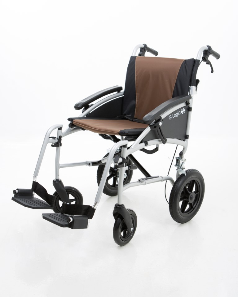 Excel G-Logic Lightweight Transit Wheelchair With Silver Frame and Brown Upholstery 20'' Wide Seat